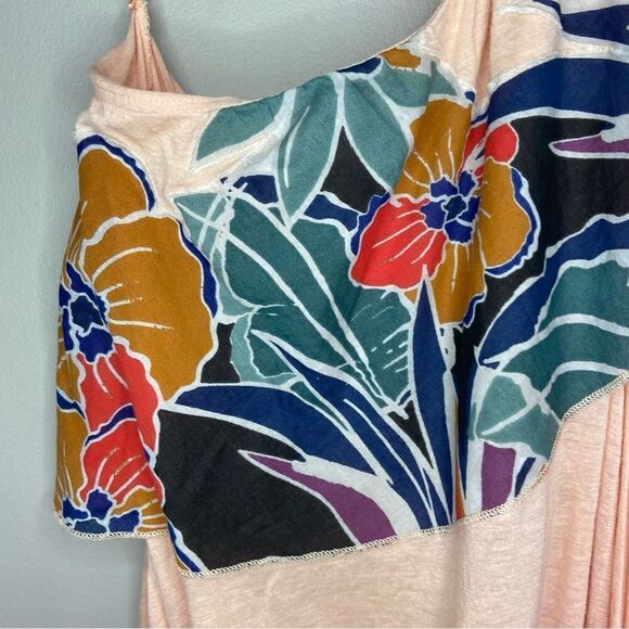 Free People NWT Peach Floral One-Shoulder Ruffle Linen-Blend Tank Top Size XS - Picture 3 of 7